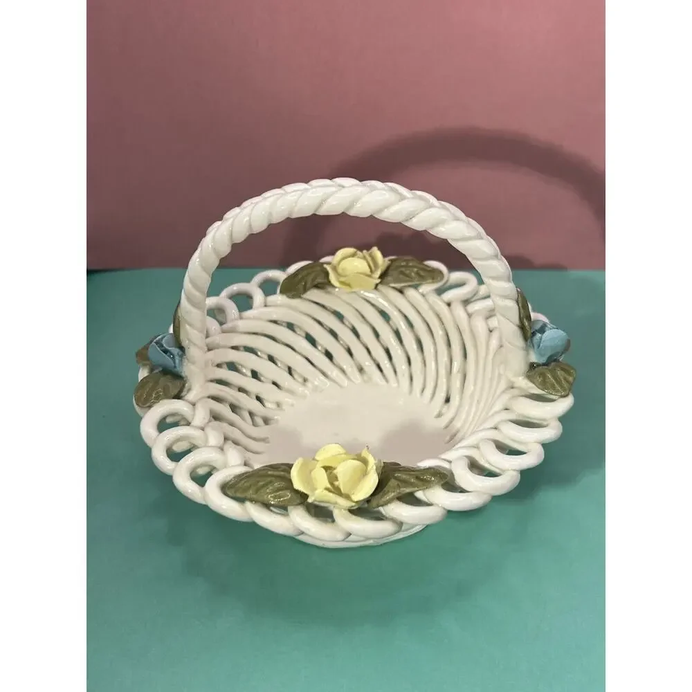 Porcelain Woven White Basket w/ Applied Flowers